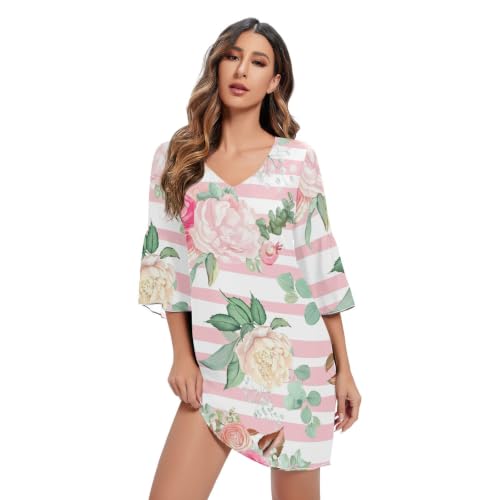 Robe imprimé lâche rayures roses blanche coupe ligne A pour un confort thermique total