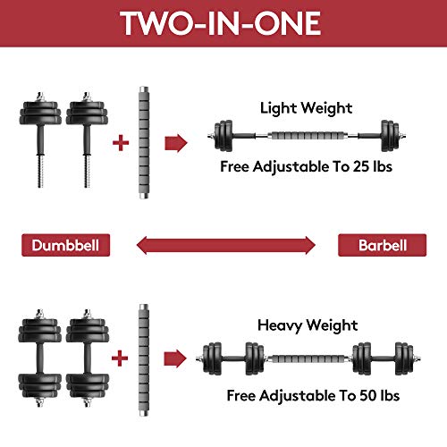 RUNWE Adjustable Dumbbells Barbell Set, Free Weight Set with Steel Connector at Home/Office/Gym Fitness Workout Exercises Training, All-Purpose for Men/Women/Beginner/Pro(50 lbs-2 Dumbbells in Total)
