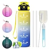 Trinkflasche Sport 1l, Trinkflasche mit Strohhalm, Wasserflasche Auslaufsicher,mit Sichere Verriegelung, Wasserflasche mit Strohbürste und Topfbürste, Flasche für Schule, fitnessstudio, Outdoor