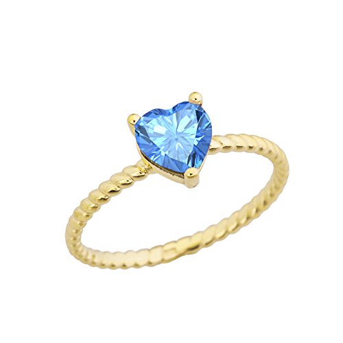 Dainty 10K Yellow Gold Heart-Shaped Blue Topaz Solitaire Rope Engagement/Promise Ring (Size 6.5) #TOP27