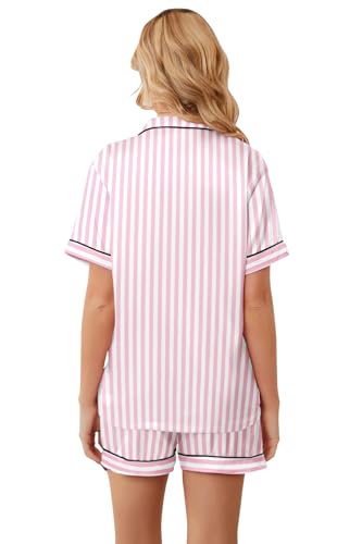 Image of Umeyda Women & Girls Pajamas Set, Soft Satin Lightweight Silk Button-Down Top with Shorts 2 Piece PJS for Mom Boys Kids Gifts