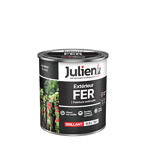 Julien Peinture Fer Anti-Rouille Brillant - Portes, grilles, portails, mobilier de jardin en métal - Noir Brillant 0,5 L