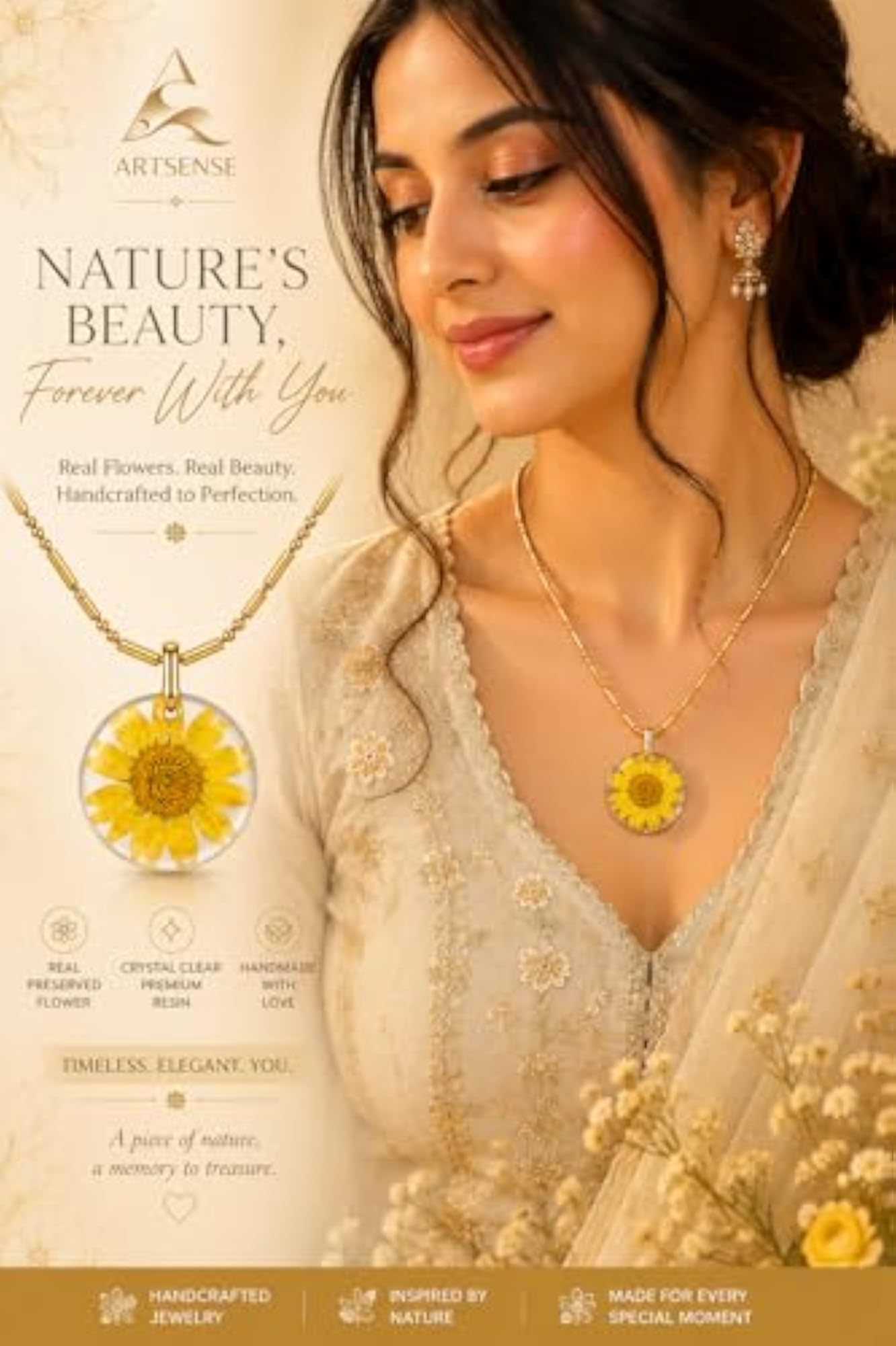 Real Dried Yellow Flower Resin Pendant Necklace, Nature Inspired