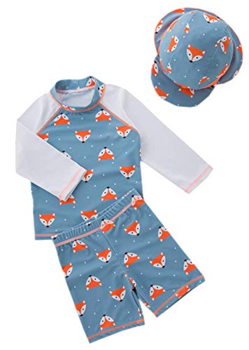stylesilove Boys Little Fox Rash Guard and Swim Shorts with Sun Hat 3pcs Swimsuit Beach Swimwear (2T)