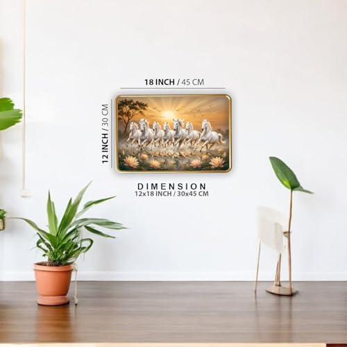 Image of Dharvika Innovations Vastu 7 Seven Running Horse Photo Frame, Golden Slim Frame, Sparkle Coated Lamination, 30x45 cm (Design 7)