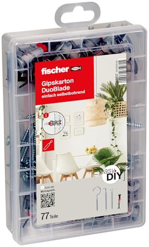 fischer easyDIY Box Gipskarton DuoBlade, 77-teiliges Dübel- und Schraubenset, für Heimwerker, mit Winkel- und Rundhaken, der selbstbohrende Gipskartondübel für die einfache und schnelle Montage