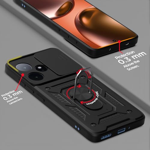 Image of Pikkme Back Cover for Realme GT 7 5G / GT 7T 5G | 360 Protection Case | Sliding Camera Shield Cover & Ring Holder Stand D10 Tough Armor Bumper Case (Black)