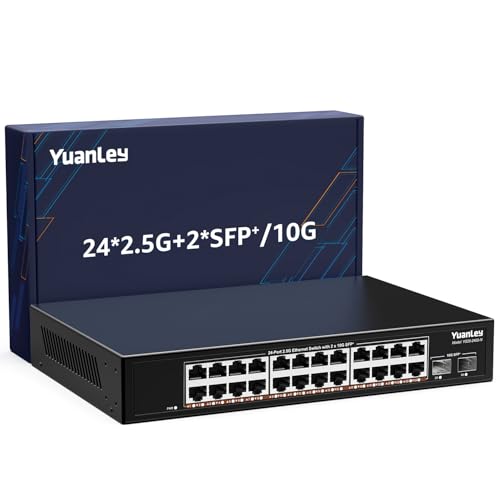 Image of 24 Port 2.5G Umanaged Ethernet Switch, 24 x 2.5Gb Base-T Ports, 2 x 10G SFP+, Compatible with 100 /1000 /2500Mbps, Metal Fanless, Desktop /Rack Mount YuanLey 2.5Gbe Network Switch for AP, NAS, PC