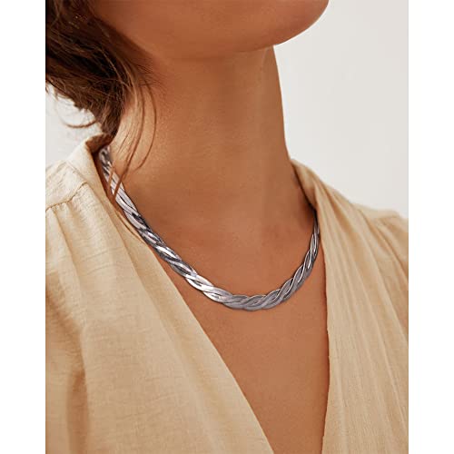 Classyzint Silver Plated Snake Chain Necklace For Women Braided Flat Chains Necklace Short Necklace Gift For Summer #TOP6