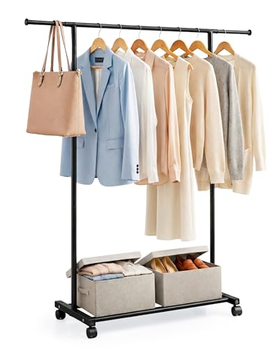 LARDECOR - Burro de Ropa con Ruedas, Perchero Extensible de Hierro 80-120 cm para Dormitorio, Vestidor o Lavandería, Soporta hasta 30 kg (Negro)