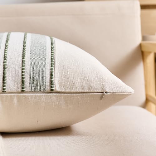 KINDREX Striped Linen Textured Throw Pillow Covers 18x18 Inch Set of 2,Boho Decorative Cushion Covers, Neutral Olive Green Accent Pillowcases for Couch, Sofa, Bed Farmhouse & Modern Living Room Decor by KINDREX - Used condition - Image 2