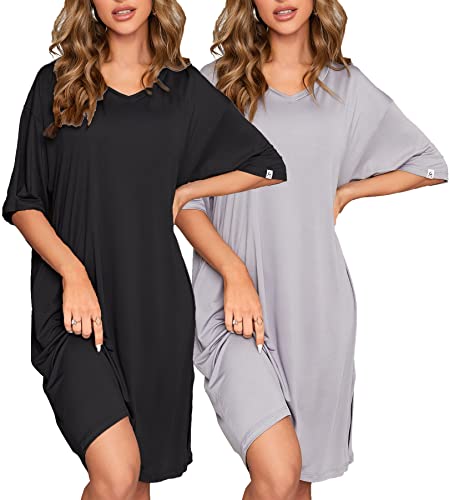 Image of ft FENTENG 2-Pack Women's Nightgowns Short Sleeve Nightshirt V Neck Soft Sleepwear Casual Sleepshirts Loose Pajama Dress