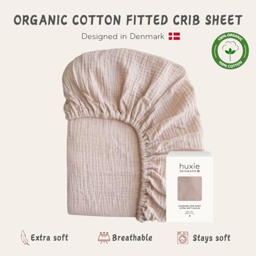 Image of Crib Sheets - Organic Cotton Muslin Fitted Crib Sheet - Standard Size for Baby Girls 28 inch x 52 inch Ultra-Soft and Breathable. (Blush)