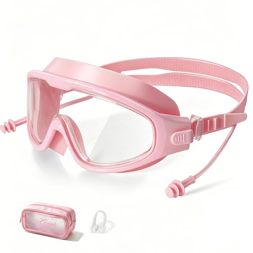 seasprint Adult Swimming Goggles,Leak-Proof,Anti-Fog Pool Glasses,Wide View Swim Goggles with Ear Plugs and Nose Clip,Suitable for Indoor/Outdoor Swimming(Pink)