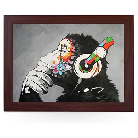 Portable Lap Desk Tray (Banksy DJ Monkey) Handmade Wooden Frame, Beanbag Cushioned Bottom | Computers, Laptops, Meals, Food | L466 Brown Cover