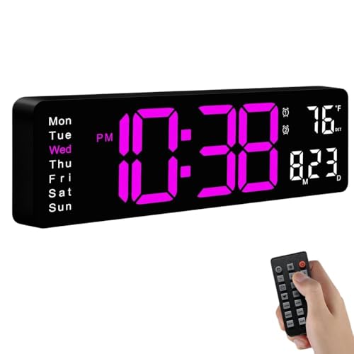 Image of 15-Inch Digital Wall Clock with Large LED Display - Remote Control, Auto-Dimming, Night Light, Date, Day, Temperature, DST Function - Ideal for Living Room, Bedroom (16 Inch Rose Red)