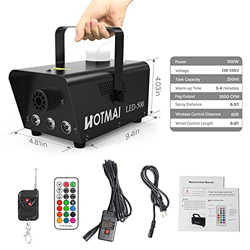 Fog Machine, Hotmai 500W Fog Machine With 13 Colorful Led Lights Effect, 2000Cfm Fog With 1 Wired Receiver And 2 Wireless Remote Controls, Perfect For Halloween, Wedding, Party And Stage Effect #TOP3