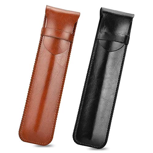 Étui à Crayons en Cuir Véritable, 2 Pièces Cuir Véritable Porte Stylo, Etui à Stylos à Rabat en Cuir, Étui en Cuir pour Stylo, pour le Bureau à Domicile Pen Pencil Set Stylo à Bille (Noir et Marron)