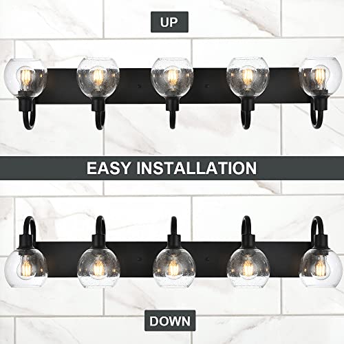 Image of Bathroom Light Fixtures 5-Lights Matte Black Farmhouse Vanity Lighting with Seeded Globe Glass for Over Mirror