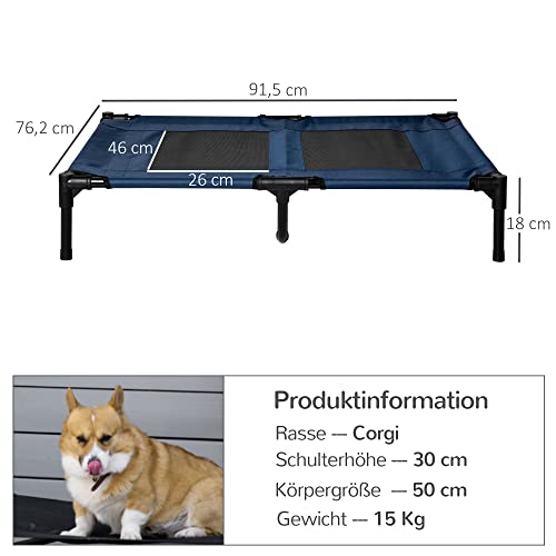 PawHut Hundeliege Outdoor, Erhöhtes Hundebett für Grosse Hunde, Kühlende Haustierliege Katzenbett mit Waschbares Mesh Metallrahmen für Garten Camping, 92 x 76 x 18 cm, Blau