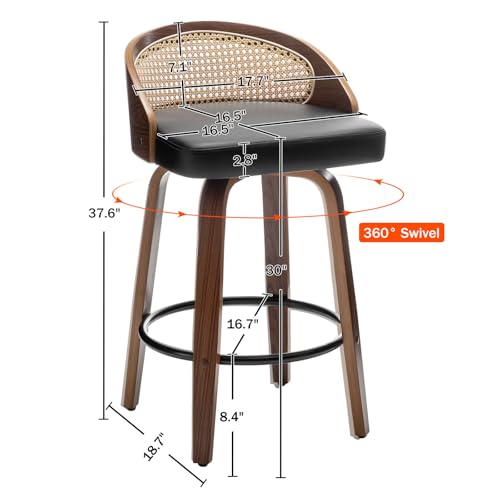 Image of 30 inch Swivel Rattan Bar Stools Set of 2,Mid-Century Modern Black Faux Leather Upholstered Counter Height Stools,Kitchen Island Barstool with Rattan Low Backrest,Walnut Wood Finish Bar Chairs