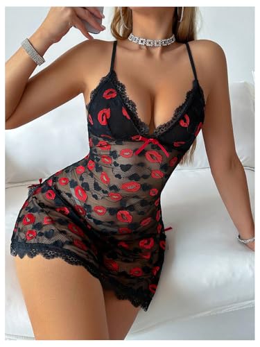 SOLY HUX Women's Lace Sheer Nightgown Sexy V Neck Slip Cami Dress Split Nightdress Sleepwear3