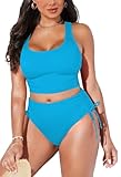 Pink Queen Women Bikini Sets Summer High Waisted Beach Vacation Tankini 2 Pcs Tummy Control Swimsuits 2026 Two Piece Swim Bathing Suit Size L, Sky Blue
