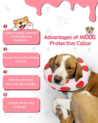 Image of MIDOG Inflatable Dog Cone Alternative for After Surgery - Soft Protective Donut Collar Prevents Licking, Comfortable Recovery E-Collar Alternative for Small Medium Large Dogs (Strawberry,M)