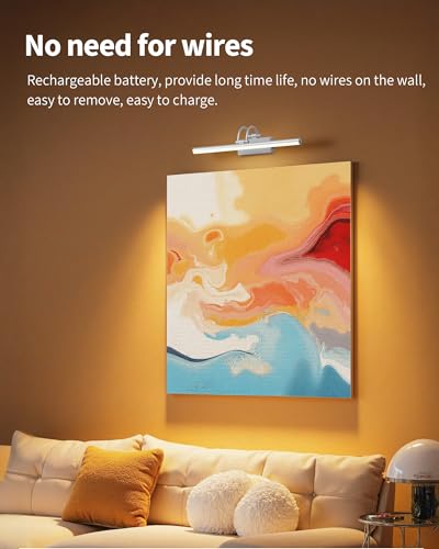 Image of KDG LED Cordless Wall Picture Light with Remote, 5200mAh Rechargeable Dimmable Art Lighting, Adjustable Swing Arm, Picture Frame Light for Gallery, Living Room, Hallway, 16.3 inch, Silver