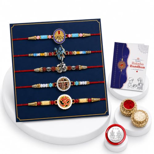 Image of Oblivion Rakhi For Brother - Elegant Stylish God Designer Rakhi with Beads and Silver Colour Pooja Coin, Tilak Set & Greeting Card - Traditional Raksha Bandhan Combo for Bhai