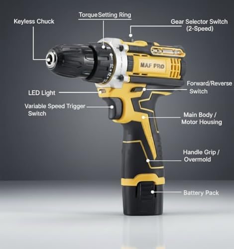 Image of MAF PRO CDLI12108 Cordless Drill Machine 12V, 10mm Keyless Chuck, 18+1 Torque Settings, Variable Speed, Drill Driver for Wood, Metal and DIY Home Use