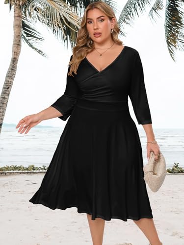 Image of Plus Size Dresses for Women A-Line V-Neck Swing Flowy 3 /4 Sleeve | 3 /4 sleeve,v neck,pockets,casual,cocktail,wedding,holiday,home,work,date party,vacation,outdoor