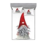 Ambesonne Gnome Fitted Sheet & Pillow Sham Set, Nordic Tonttu Myth Finnish Creature Nisser Scandinavian Folklore Print, Decorative Printed 3 Piece Bedding Decor Set, Queen, Grey Ruby