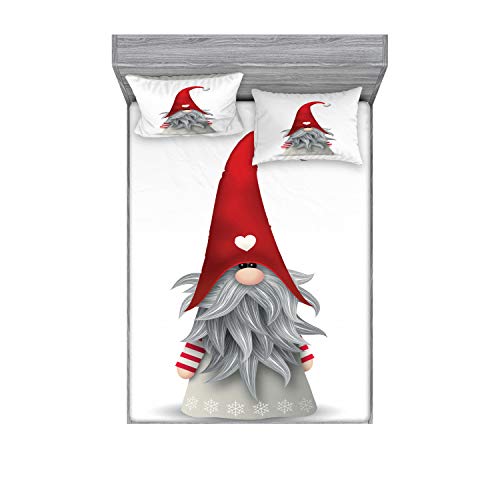 Ambesonne BSWPIL_71409_FULL Gnome Fitted Sheet & Pillow Sham Set, Nordic Tonttu Myth Finnish Creature Nisser Scandinavian Folklore Print, Decorative Printed 3 Piece Bedding Decor Set cover