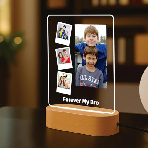 Image of Giftplease Personalized Photo Printed LED Lamp Rakhi Gift Set for Brother | Custom Acrylic Night Light Frame with Designer Rakhi, Roli Chawal Pack & Greeting Card | Rakshabandhan Combo for Bhaiya