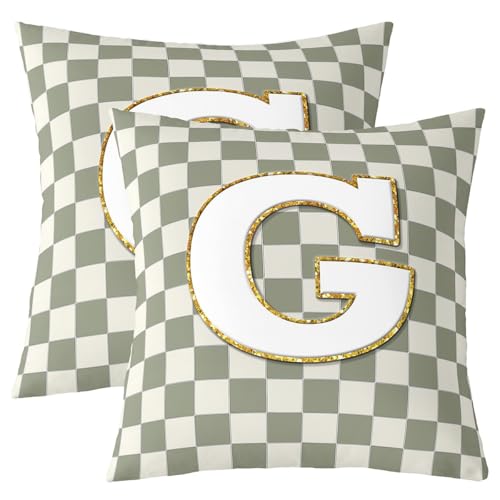 Image of Erosebridal Sage Green Checkered Throw Pillow Covers 20x20 Set of 2 Plaid Initial G Pillow Covers Personalized Monogram Cushion Cover Fashion Grids Gingham Pillow Cases for Couch Sofa