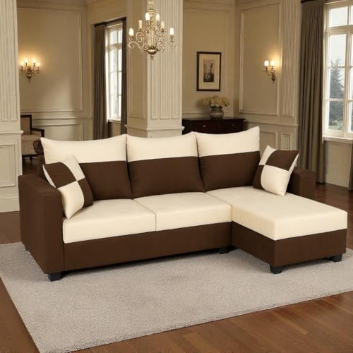 Image of FURNY Arissa 4 Seater Fabric RHS L Shape Sofa Set with Exta Cushions (Cream-Dark Brown) Premium Velvet Finish| Durable Comfort Ideal for Living Room