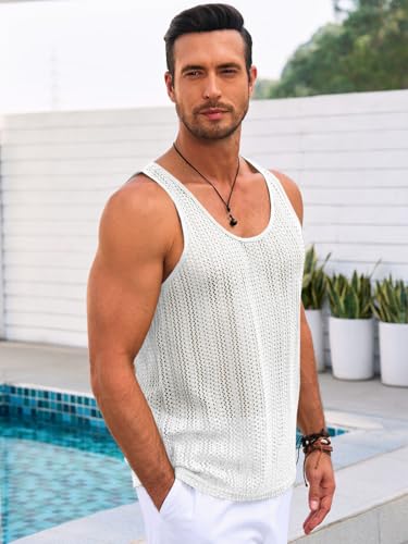 Runcati Mens Sleeveless Tank Tops Knitted Crochet See Through Hollow Out T-Shirts Muscle Summer Beach Hippie Shirts3