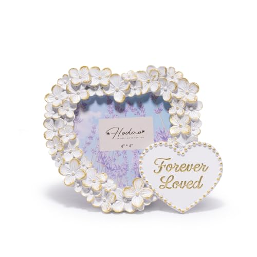 Hodao 4x4 Heart Picture Frame White Gold Floral Heart-Shaped Resin Photo Frame with Acrylic Front Forever Loved Hand-Painted Tabletop Decor for Wedding Anniversary Memorial Gift