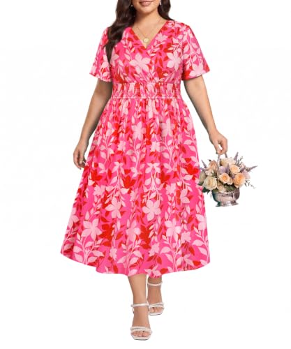 Image of CARCOS Plus Size Dresses for Curvy Women V Neck Summer Maxi Dress Short Sleeve Floral Boho Dress Smocked Waist Beach Dress