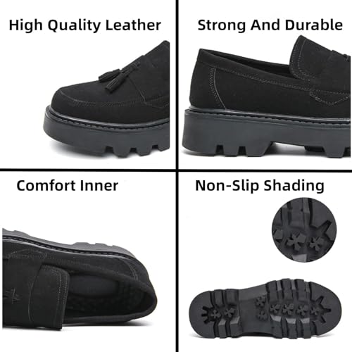 Men's Suede Tassel Platform Round Toe Casual Loafers Classic Retro Lug Sole Non Slip Chunky Heel Dress Business Penny Loafers for Party Formal Work Wedding3
