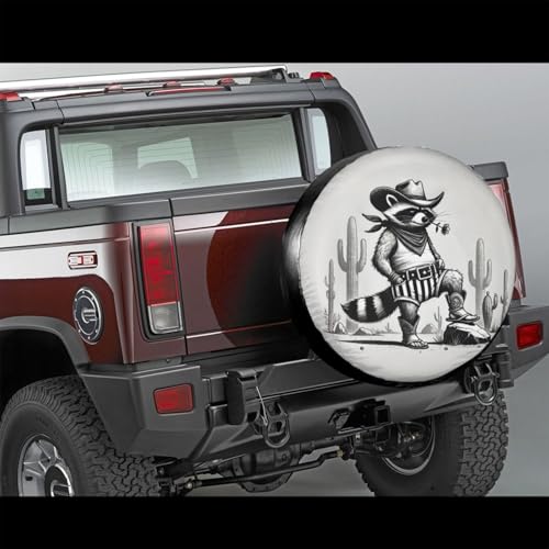 Image of Funny Raccoon Cowboy Spare Tire Cover with Unique Print, Weatherproof Wheel Covers Tire Protector, Universal Fit for Rv, Trailer, SUV, Camper Vehicle