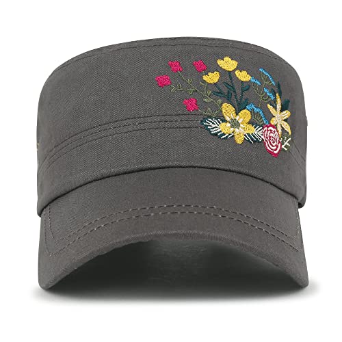 Image of ililily Crystal Gemstone Stud Flower Vintage Cotton Military Army Hat Cadet Cap