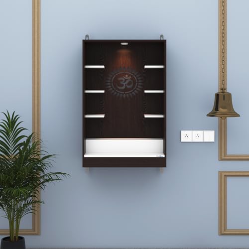 Image of Anikaa Niketana Wooden Wall Mount Mandir for Home | Pooja Temple with LED Light, Om Back Panel & 6 Shelves | Hindu Wooden Temple for Home & Office Decoration | Wenge /White (DIY), Size(32x20x8 Inches)