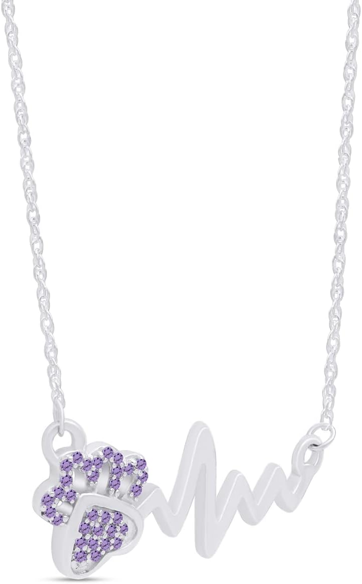 AFFY Paw Print Heartbeat Pendant Necklace in 14K White Gold Over Sterling Silver