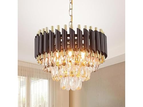 Image of Modern 3-Tiers Crystal Pendant Light Black Gold Round Ceiling Light Fixture (Antique, 300mm), 3 Colors Led Plate Included Warm White, Natural Light, Chandelier Light (L-30*B-30*H-70 Cm) F
