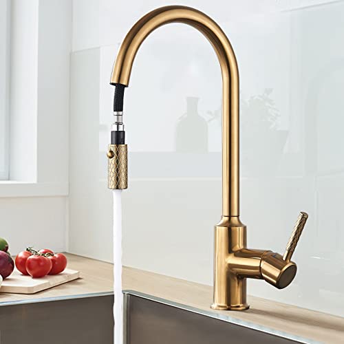Robinet de cuisine en or brossé avec douchette extractible et mitigeur d'évier pivotant à 360°, 2 modes de pulvérisation, à une poignée en laiton à bec haut pivotant Cesinkin Cover