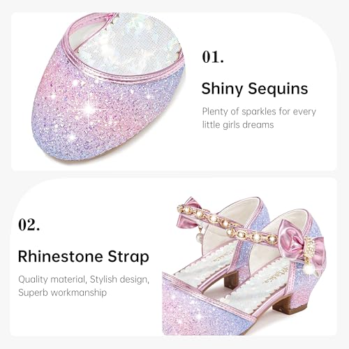 Image of Motasha Sparkly Girls Dress Shoes Kids High Heels Toddler to Big Kid | Glitter Closed Toe, Rhinestone Bow Straps, Hook-and-Loop Closure, Low Heel, Anti-Slip Outsole for Wedding Birthday Parties