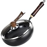 GZGLZDQ Wokpfanne mit Deckel, Spritzwassergeschützt, Antihaft, Kohlenstoffstahl, für Induktion und Gas, geeignet für Braten, Rühren, Frittieren(Ø 24cm)