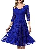 Aonour 0056 Women's Vintage Floral Lace Bridesmaid Dress 3/4 Sleeve Wedding Party Midi Dress RoyalBlue XS